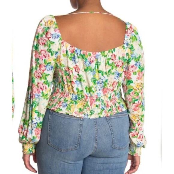 Afrm Cropped Floral Top Womens 1X Pink Green Balloon Long Sleeve Smocked - Picture 2 of 13